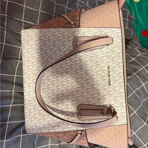 Michael Kors White and Tan Tote Bag with Signature Monogram